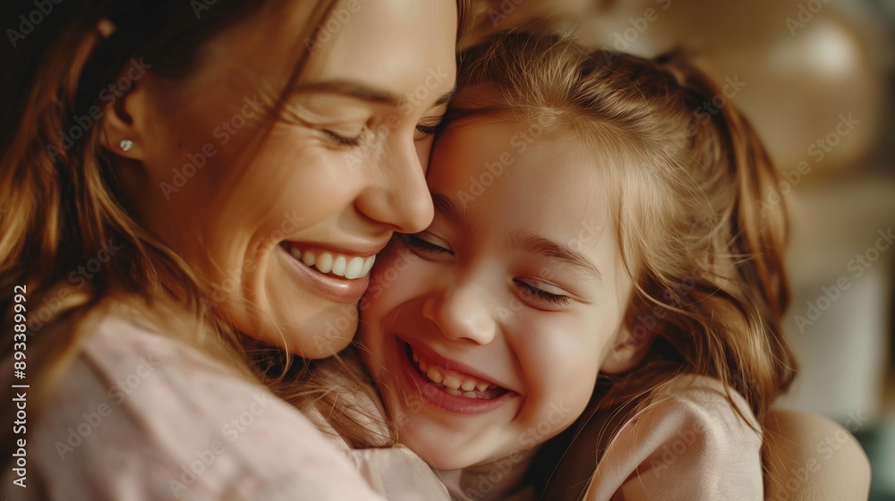 Close up side view overjoyed smiling young mother and daughter hugging and laughing, enjoying tender moment, happy mum and adorable preschool girl kid cuddling, having fun together at home Close up side view overjoyed smiling young mother and daughter hugging and laughing, enjoying tender moment, happy mum and adorable preschool girl kid cuddling, having fun together at home