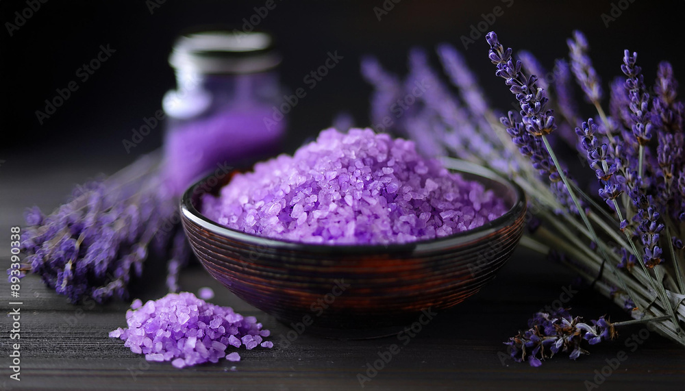 Lavender-infused spa salt in ceramic bowl with sprigs of lavender. Natural cosmetic, body care. Lavender-infused spa salt in ceramic bowl with sprigs of lavender. Natural cosmetic, body care.