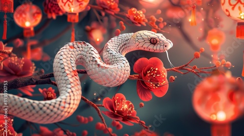 Enchanting White Snake with Festive Red Flowers and Lanterns A Vibrant New Year's Celebration in Stunning Detail