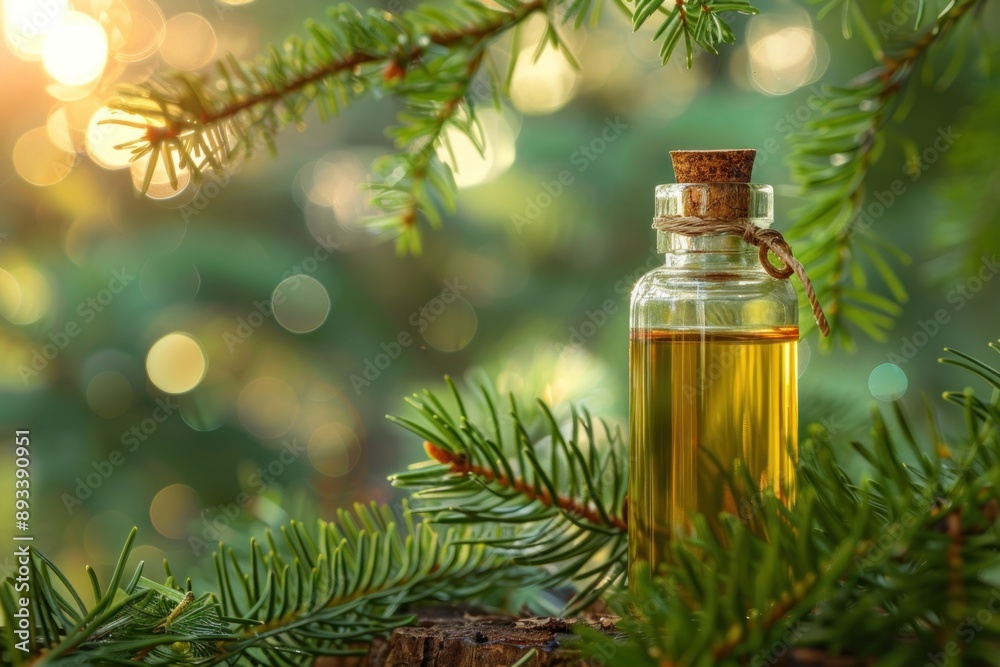pine aromatic oil with blurred pine branch background