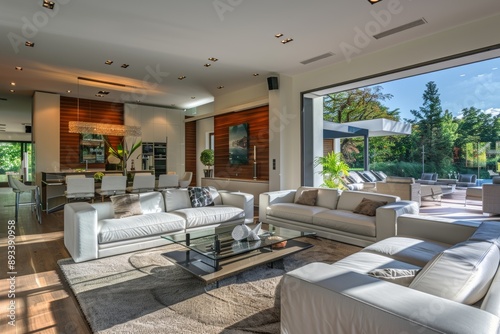 Luxury living room with white sofa and coffee table. Northwest, USA