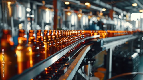 Automated production line in brewery with glass bottles moving on conveyor belt through industrial brewery equipment.