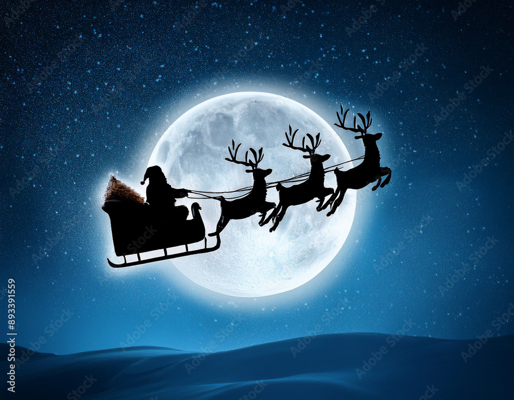 Naklejka premium Silhouette of Santa Claus on the sleigh pulled by reindeer flying in the moonlight, 3d illustration