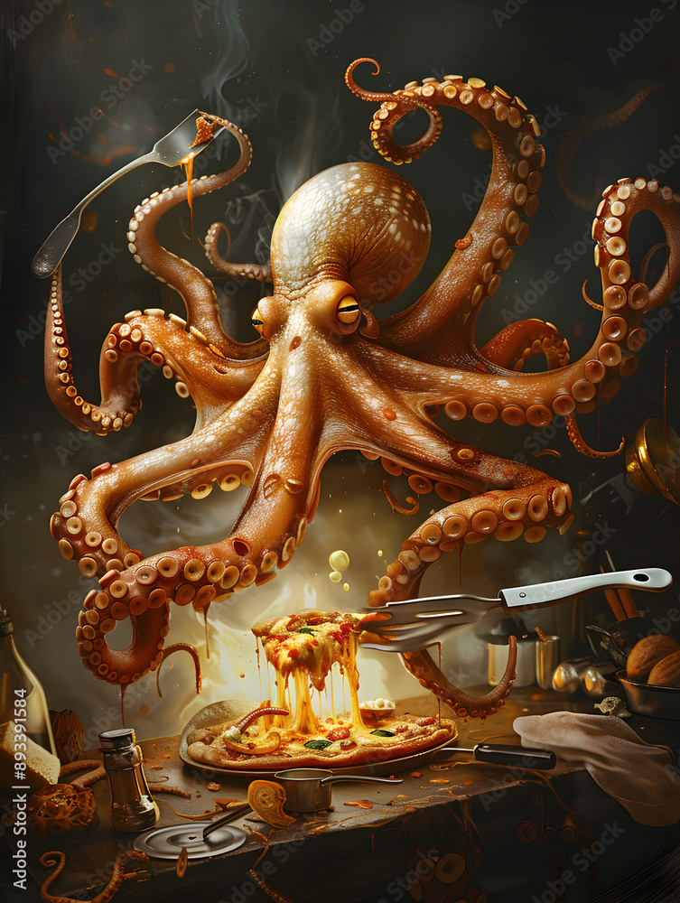 Obraz premium Octopus Chef: An octopus cooking with all its tentacles, each holding a different utensil, while making a pizza in a flying pan.