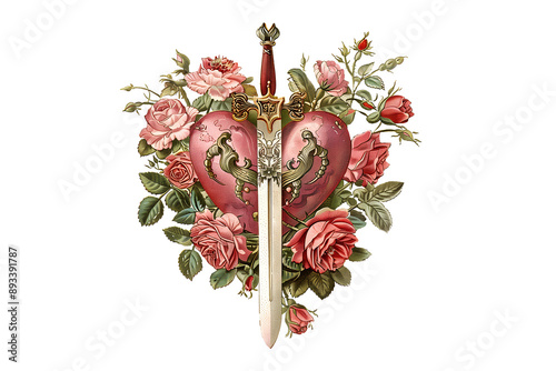 Vintage retro illustration of a heart with roses and a sword