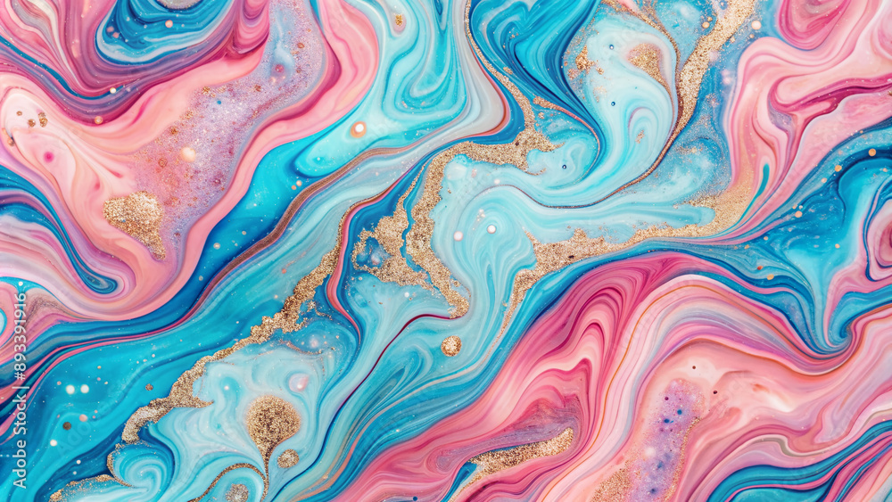 Fototapeta premium Vibrant pink and blue abstract liquid wave marble pattern with rose gold glitter splatter texture creates a mesmerizing background for tiles, packaging, and wallpaper designs.