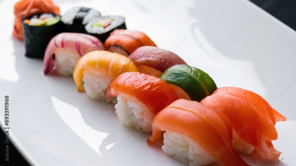 A close up of a plate with sushi on it, AI A close up of a plate with sushi on it, AI