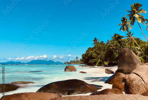 Tropical beach with large boulders, palm trees and turquoise waters