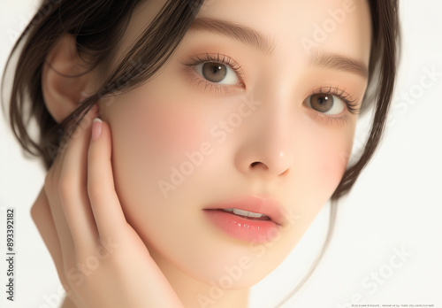 portrait of a woman lady asian japanese korean chinese model, closeup face with smile smiling expression, her hand is touching her head, perfect skin beauty poster