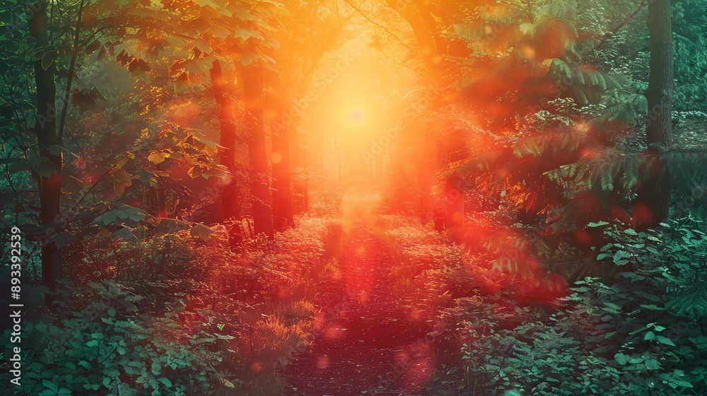 A magical, sunlit path through a dense forest. The light creates a surreal and ethereal atmosphere. A magical, sunlit path through a dense forest. The light creates a surreal and ethereal atmosphere.