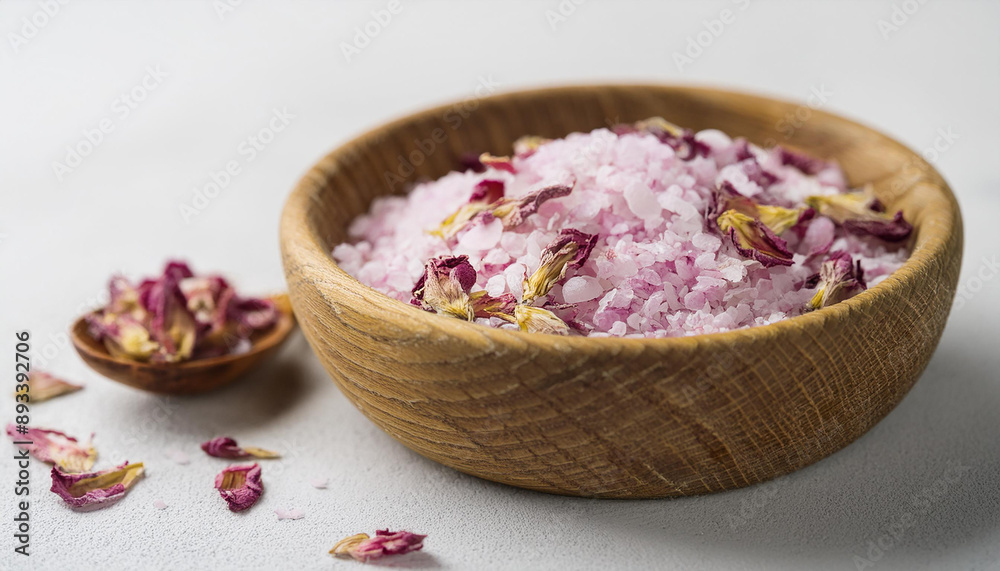 Sea spa salt with dried rose petals in wooden bowl on cement table. Natural cosmetic, body care Sea spa salt with dried rose petals in wooden bowl on cement table. Natural cosmetic, body care