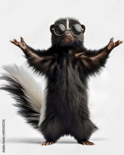 Funny skunk with sunglasses showing a rock gesture isolated on a white background, funny animals