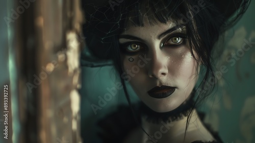 A mysterious woman with dark hair and piercing eyes gazes intensely from behind a wooden door. Her dramatic makeup and gothic attire suggest a haunting presence.