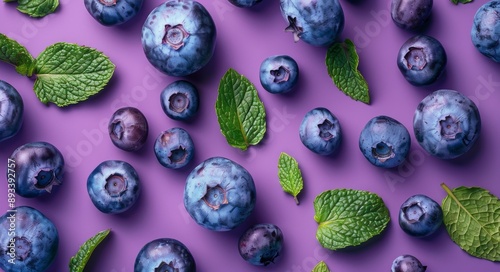 Blueberries and Mint on Purple Background