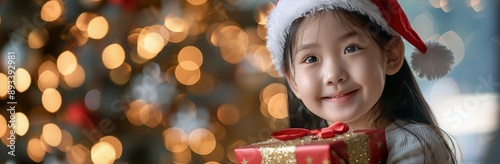 Smiling Girl In Santa Hat Near Christmas Tree