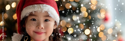 Girl In Santa Hat Smiles By Christmas Tree