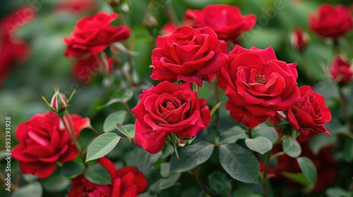A red rose bush with multiple blossoms, each rose displaying a deep red color.