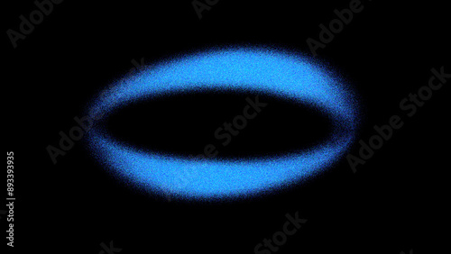 Glowing blue circle noise texture shape on black grainy background, copy space