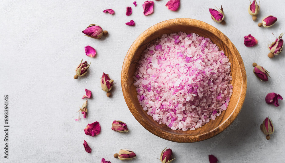 Sea spa salt with dried rose petals in wooden bowl on cement table. Natural cosmetic, body care Sea spa salt with dried rose petals in wooden bowl on cement table. Natural cosmetic, body care