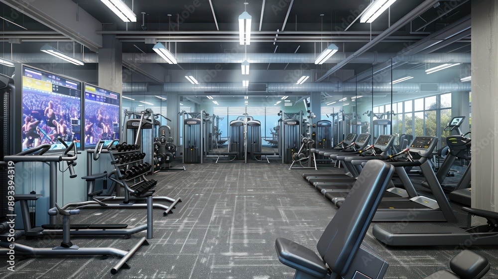 corporate fitness center with state-of-the-art gym equipment and interactive workout screens