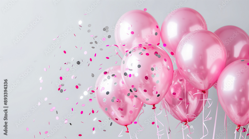 Pink Balloons with Confetti on a Light Grey Background Pink Balloons with Confetti on a Light Grey Background