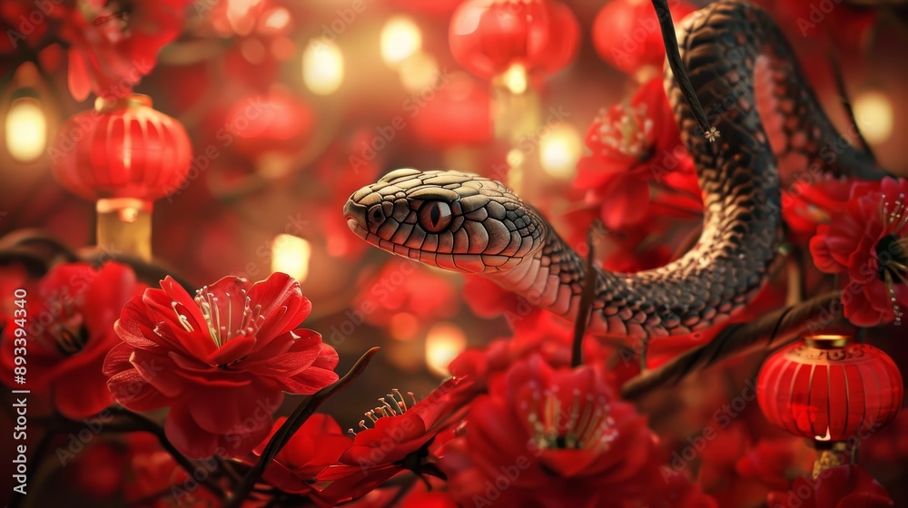 Serene Serpent Vibrant Snake Amongst Red Flowers and Lanterns Perfect for New Year 2025 Designs Serene Serpent Vibrant Snake Amongst Red Flowers and Lanterns Perfect for New Year 2025 Designs
