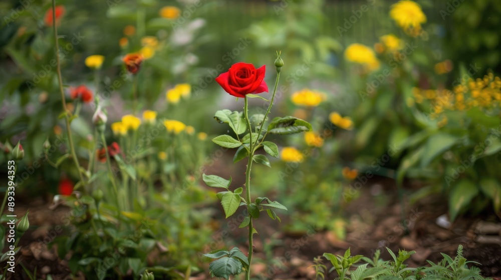 A single red rose in a flowerbed, standing out among other garden plants. A single red rose in a flowerbed, standing out among other garden plants.