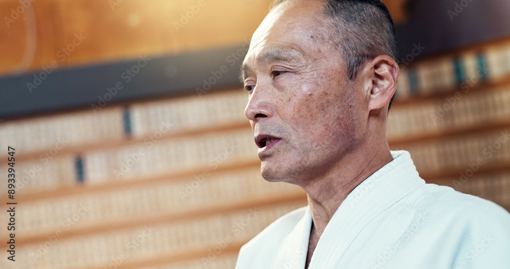 Master, karate or Asian man in dojo for martial arts for fitness, discipline or self defense for honor. Training, workout or senior kung fu professional talking for fighting, teaching or sports class