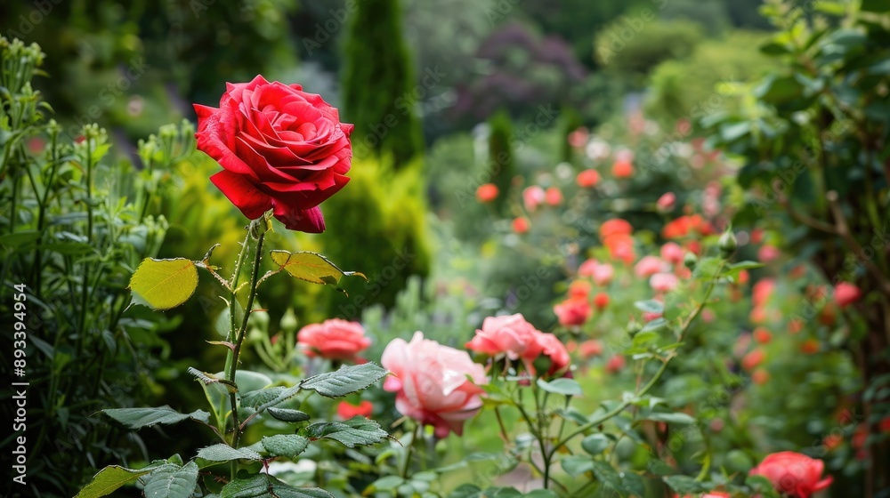 A single red rose in the garden, surrounded by lush greenery and other blooming flowers. A single red rose in the garden, surrounded by lush greenery and other blooming flowers.