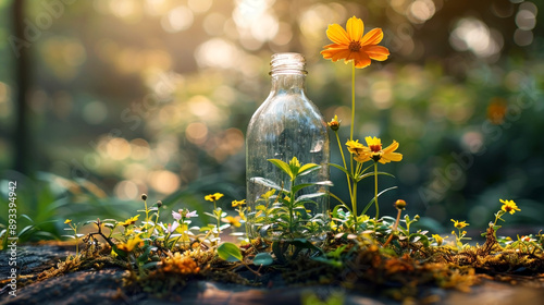 Glass bottle with yellow flowers and greenery in a natural setting. WorldNature Conservation Day photo