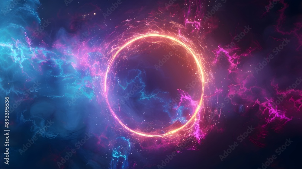 abstract smoke illuminated with neon pink light ring on dark, blue background copy space concept banner poster design abstract smoke illuminated with neon pink light ring on dark, blue background copy space concept banner poster design