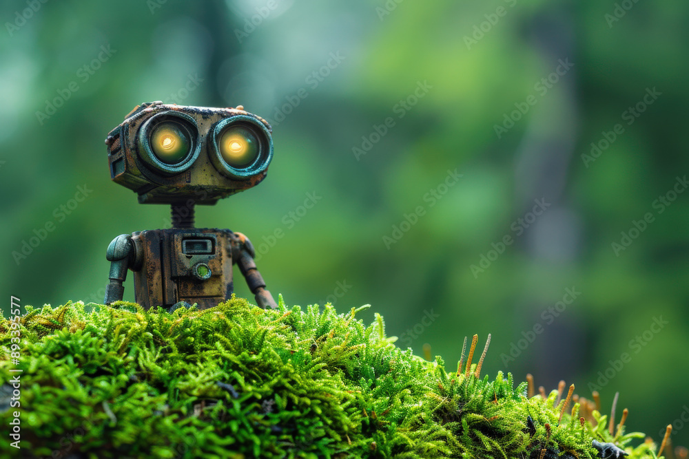 Cute Robot Exploring Lush Mossy Forest in Morning Light Cute Robot Exploring Lush Mossy Forest in Morning Light