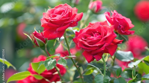 Close-up of vibrant red roses on a garden bush with lush green leaves in the background. © Napasnan