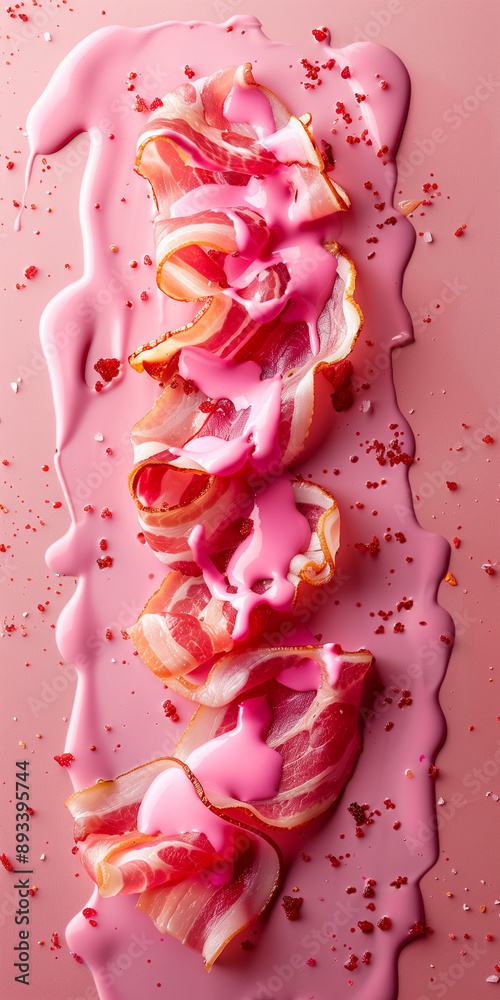 Slices of crispy bacon with vibrant pink sauce on a pink background Slices of crispy bacon with vibrant pink sauce on a pink background