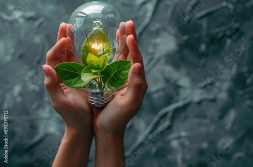 Hand Holding Light Bulb With Green Plant