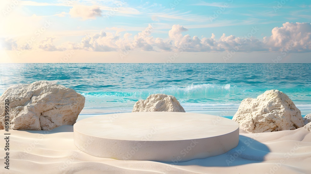 Obraz premium White round podium on the beach with rocks and sea in background, as a banner for product presentation or for cosmetic products mockup. Abstract summer concept backdrop