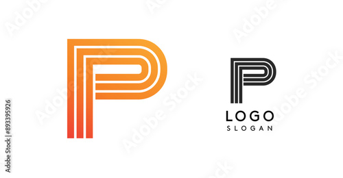 Modern letter P monogram logo in gradient orange and black white versions. Sleek, geometric design for corporate branding, business identity, startups. Minimalist professional logotype