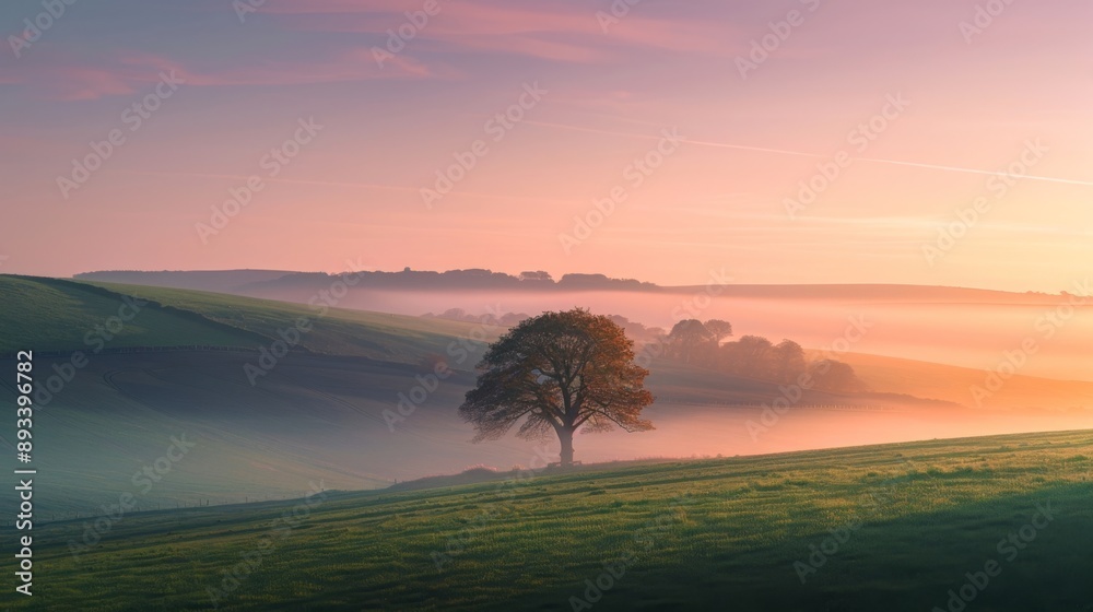 Lonely tree stands in foggy dawn light on rolling hills. Breathtaking pastel hues blend in the sky as mist blankets the valley, making this view serene. Lonely tree stands in foggy dawn light on rolling hills. Breathtaking pastel hues blend in the sky as mist blankets the valley, making this view serene.