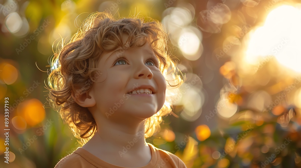 Fototapeta premium A young boy with curly hair smiles up at the sun in a forest setting.