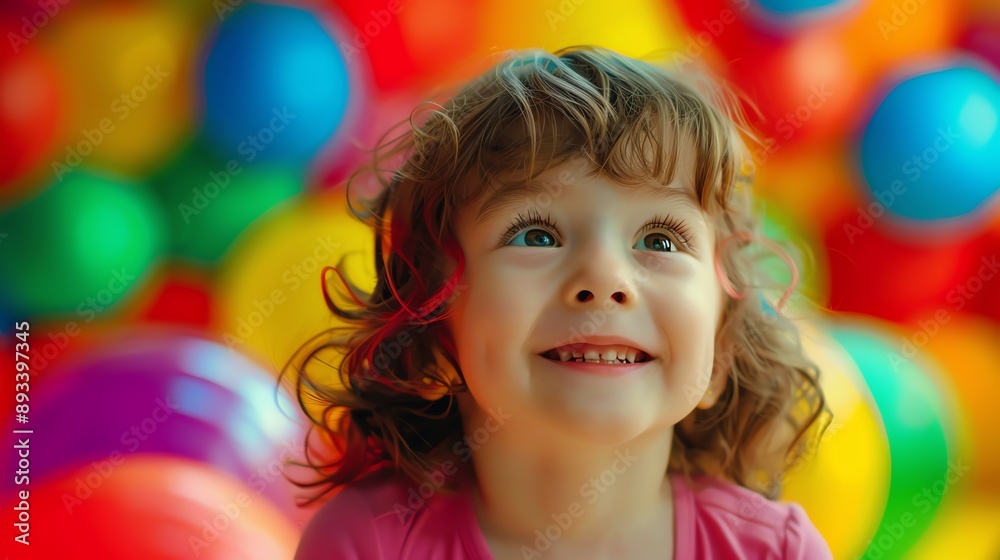 A young girl with curly hair smiles and looks up, surrounded by a colorful ball pit.