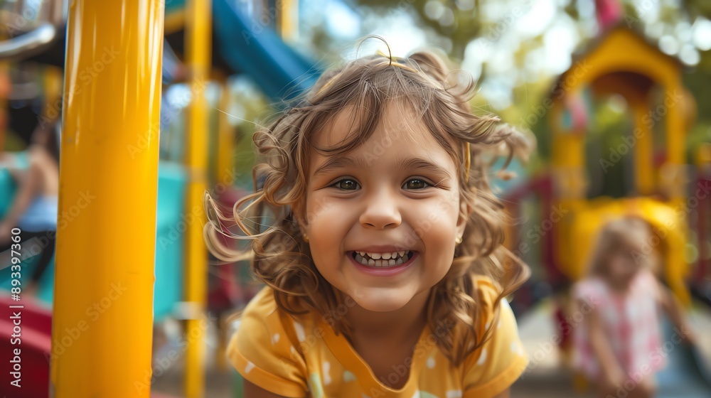 A young girl with curly hair smiles brightly at the camera while playing on a playground. Her joy is infectious. A young girl with curly hair smiles brightly at the camera while playing on a playground. Her joy is infectious.