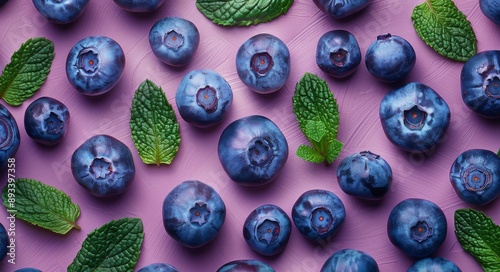 Blueberries and Mint on Purple Background