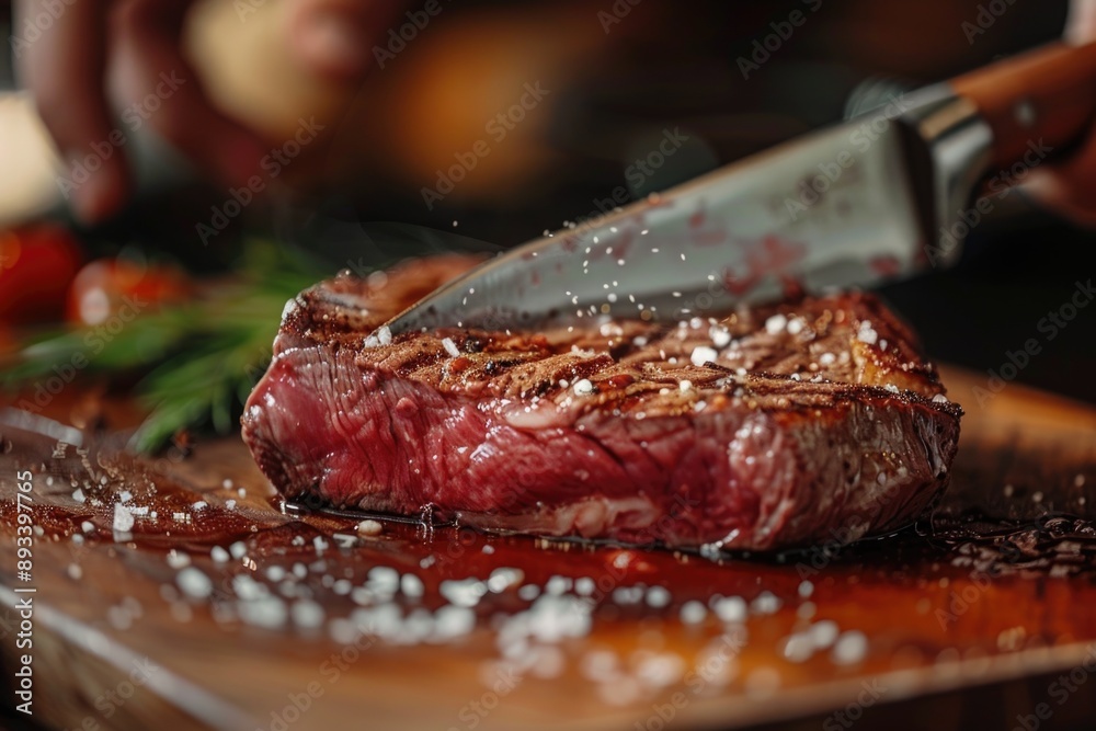 Precise Slice of Knife Through Juicy Ribeye Steak with Rich Marbling Precise Slice of Knife Through Juicy Ribeye Steak with Rich Marbling
