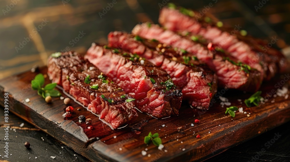 Succulent Marbled Steak Slices on Wooden Board - Close-up of Juicy, Premium Quality Meat Cuts Succulent Marbled Steak Slices on Wooden Board - Close-up of Juicy, Premium Quality Meat Cuts