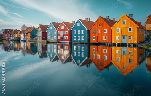 Colorful Houses Reflected in Calm Water, Norway