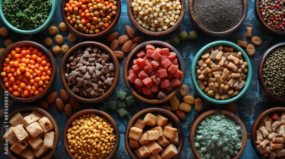 Assortment of Pet Food in Bowls Assortment of Pet Food in Bowls