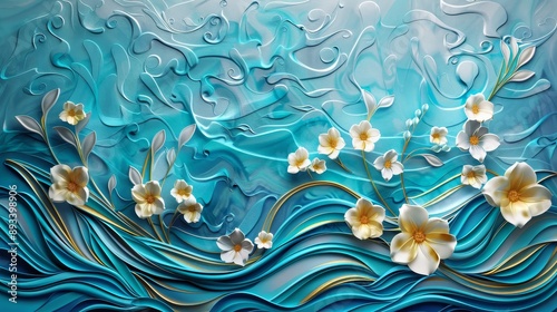Oceanic Elegance A Stunning Fusion of Waves and Florals in a Serene and Artistic Composition
