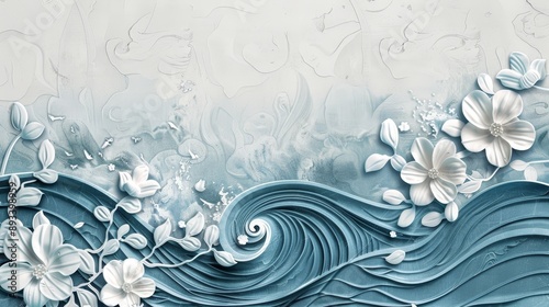 Oceanic Elegance A Stunning Fusion of Waves and Florals in a Serene and Artistic Composition