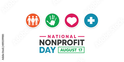 National Nonprofit Day. People, hand, ĥeart and plus icon. Great for cards, banners, posters, social media and more. White background.