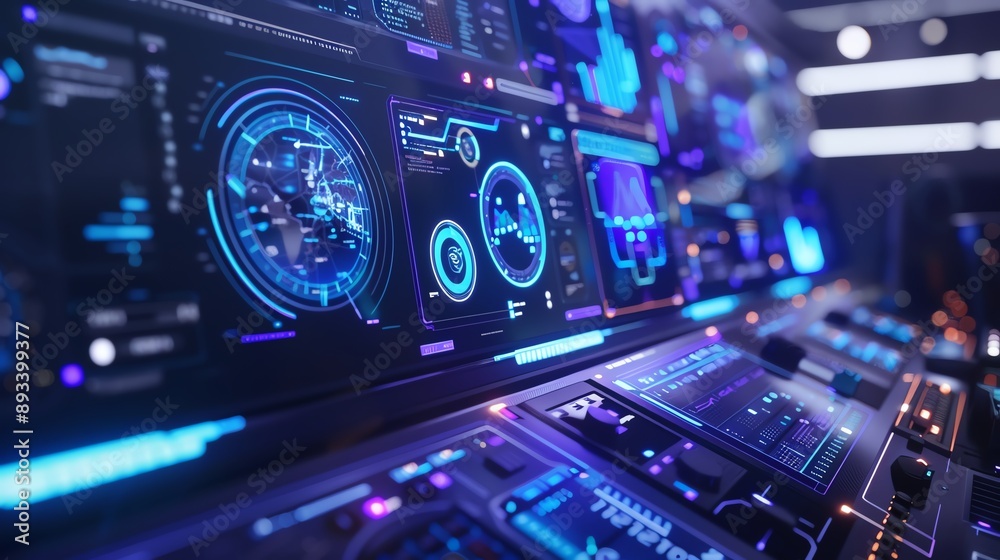 Futuristic control panel with glowing digital displays. Blue and purple neon lights illuminate the interface. High tech concept. Futuristic control panel with glowing digital displays. Blue and purple neon lights illuminate the interface. High tech concept.